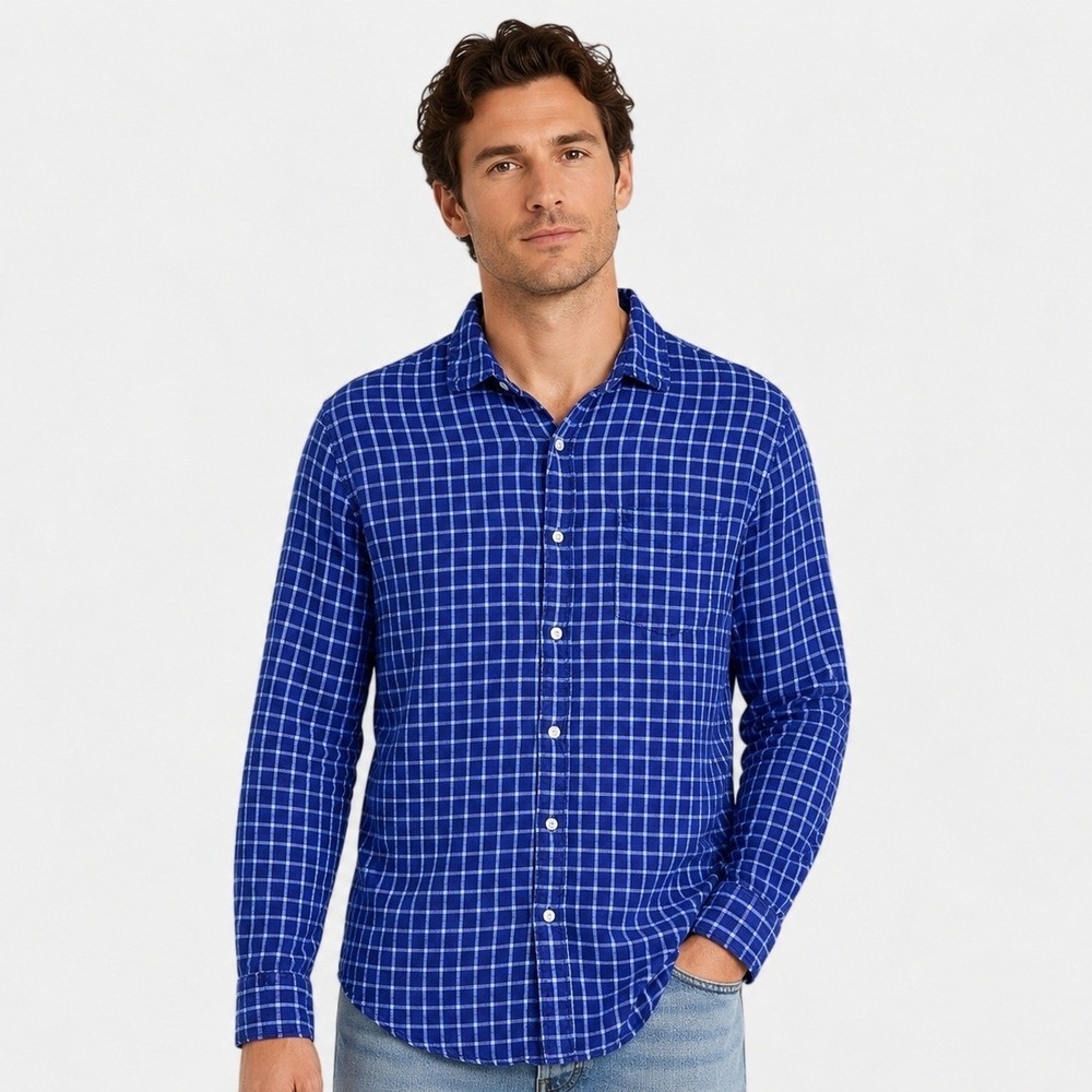 Banana Republic Mens Blue Windowpane 100% Linen Camden Standard Fit Shirt M